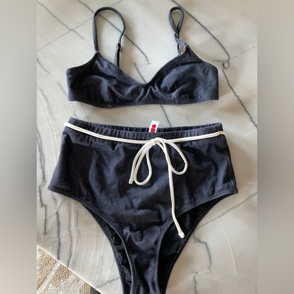 Solid and striped denim bathing suit - Picture 1 of 2